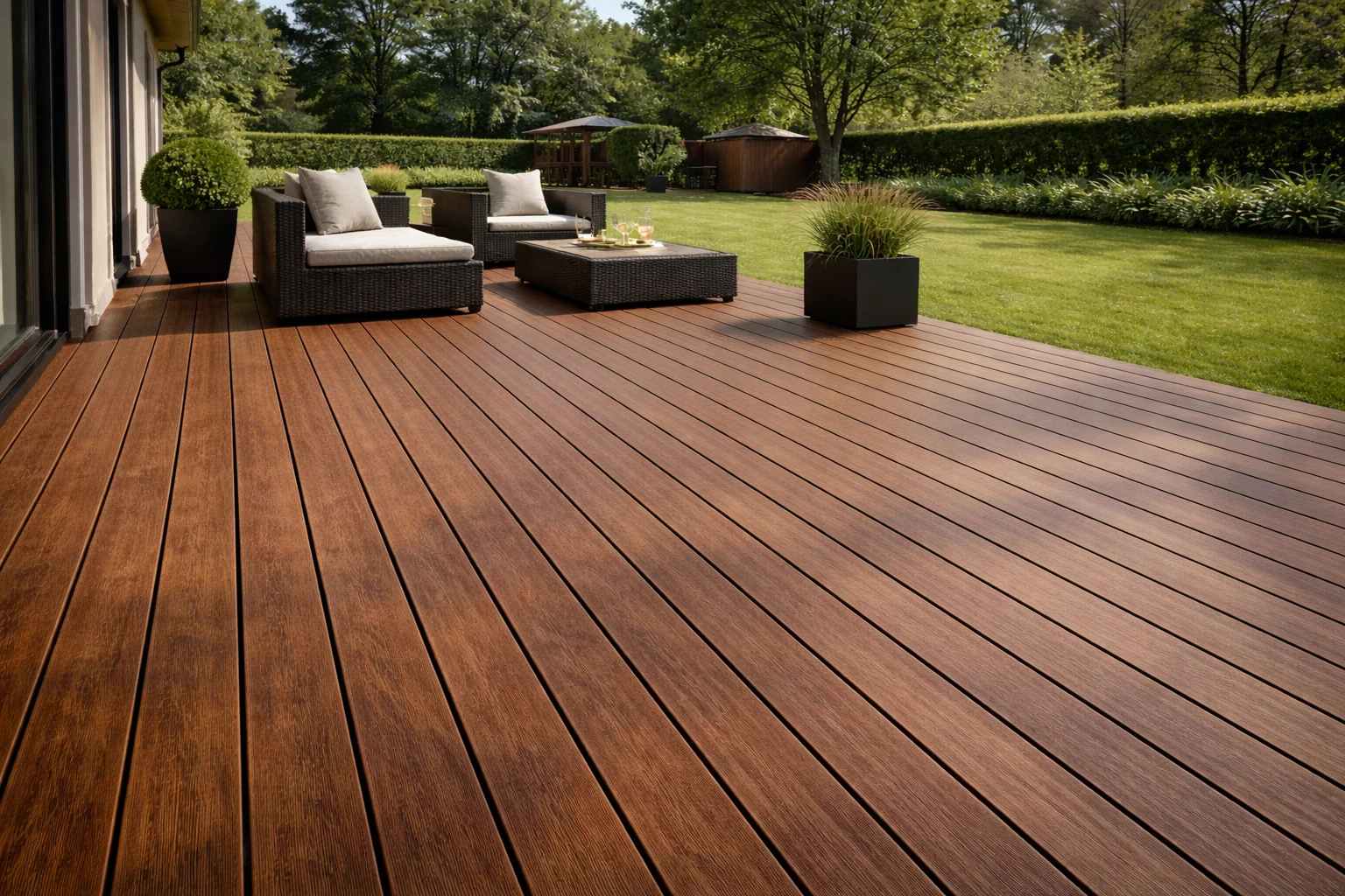 Modern composite deck with warm brown boards and dark railing in a landscaped backyard